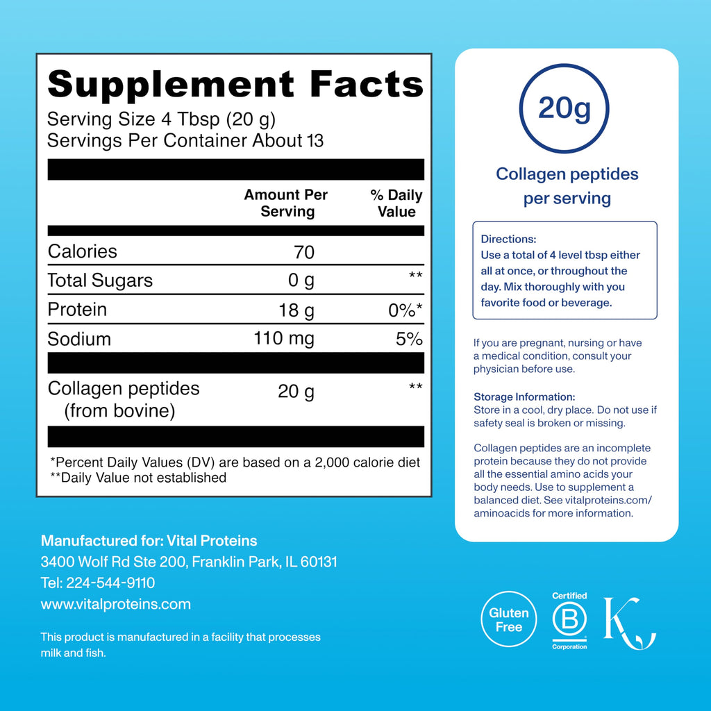 Vital Proteins Collagen Peptides Powder - Supports Hair, Nail, Skin, Bone & Joint Health, Unflavored, Collagen Protein 9.33 OZ