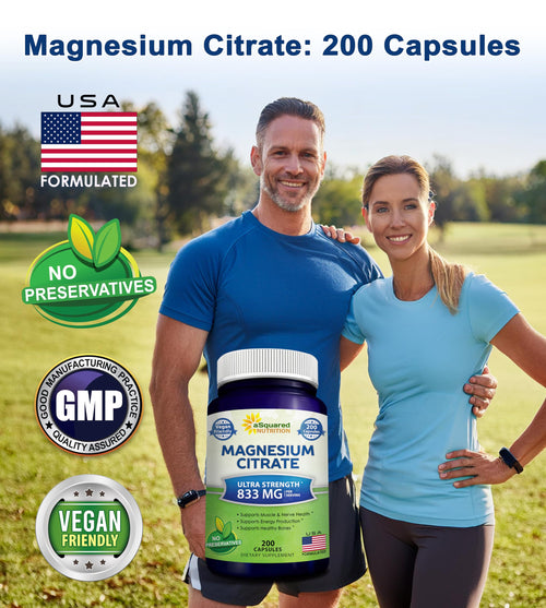 aSquared Nutrition Magnesium Citrate 833mg Supplement - 200 Capsules - Max Strength Vegan Mag Citrate Powder Pills to Support Pure Function of Muscles,
