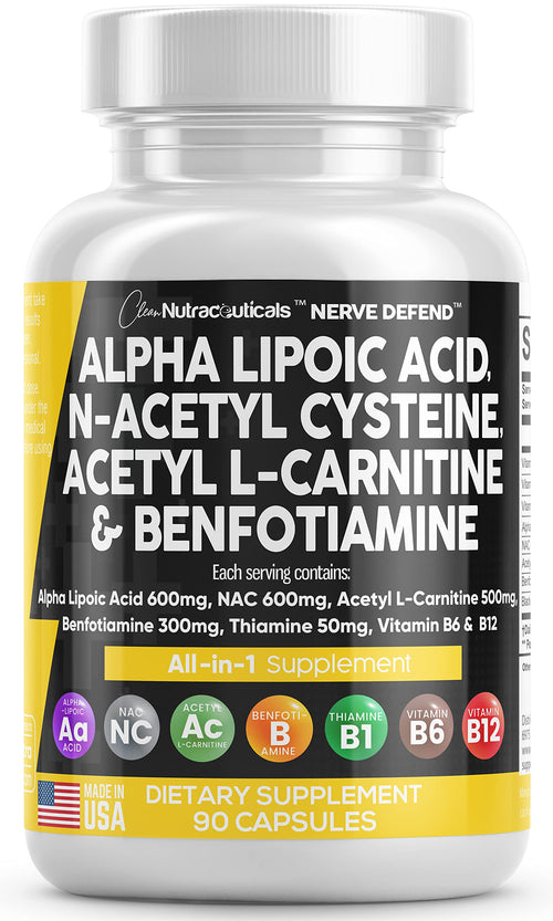 Alpha Lipoic Acid 600mg N-Acetyl Cysteine 600mg Acetyl L-Carnitine 500mg Benfotiamine 300mg - Nerve Support Supplement for Women and Men with Vitamin B1 B6 & B12 - Made in USA 90 Caps Clean NutraceuticalsBuy Supplements Australia