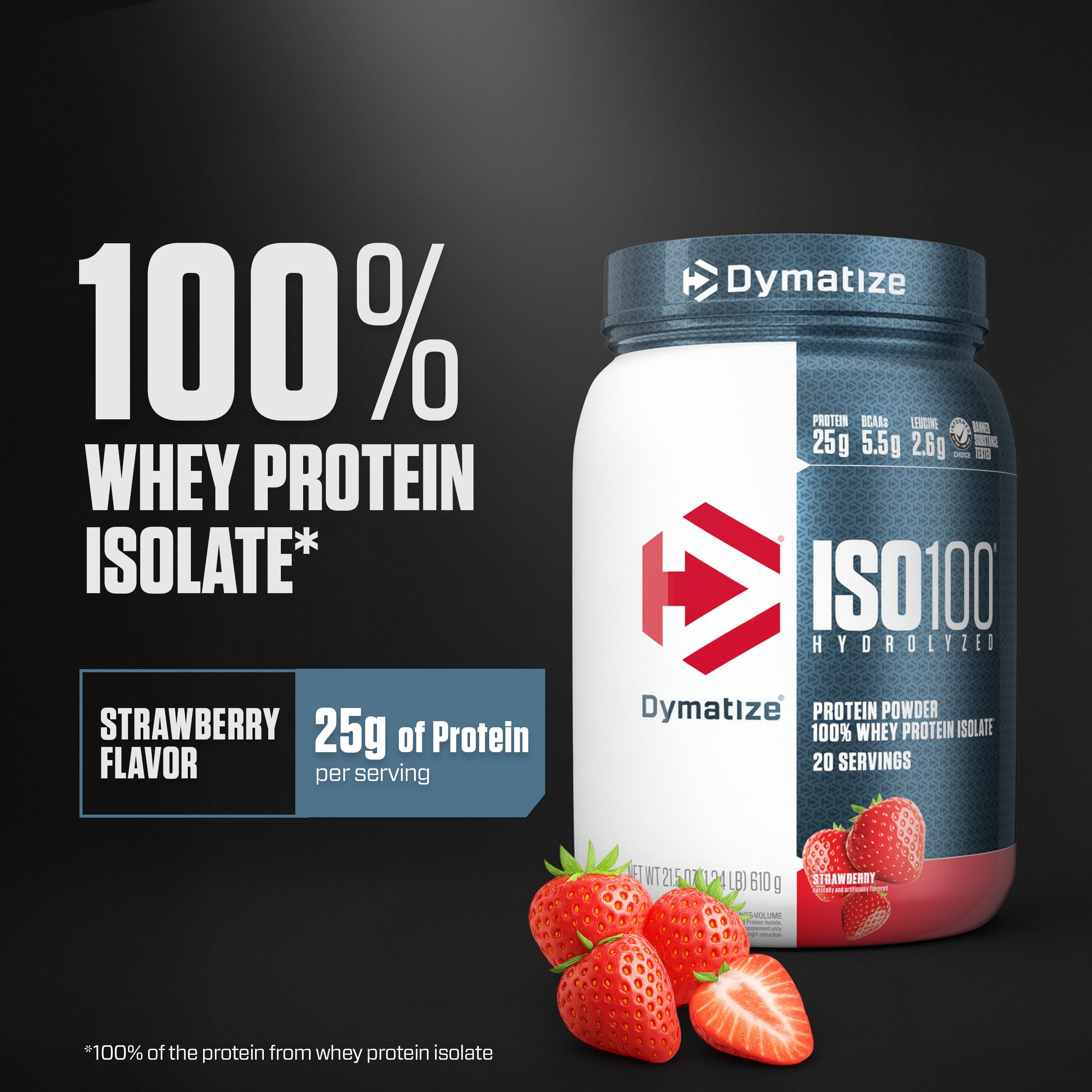 Dymatize ISO100 Whey Protein Powder Isolate, Strawberry, 25g of Protein, 5.5g BCAAs, Less Than 120 Cal., Gluten Free,