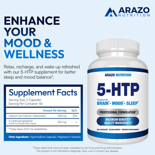 5-HTP 200 MG Per Serving Plus Calcium for Mood, Sleep – Supports Calm and Relaxed Mood – 99% High Purity – 120 Capsules – Arazo Nutrition