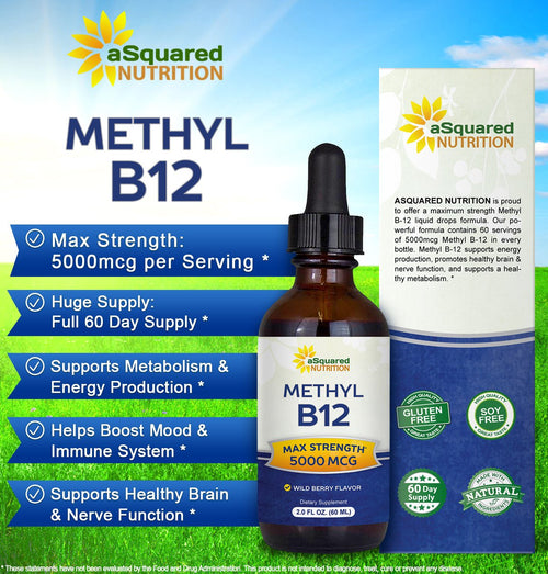 aSquared Nutrition Vitamin B12 Sublingual Liquid Drops - 5000 MCG Supplement with Methylcobalamin (Methyl B-12) - Max Absorption
