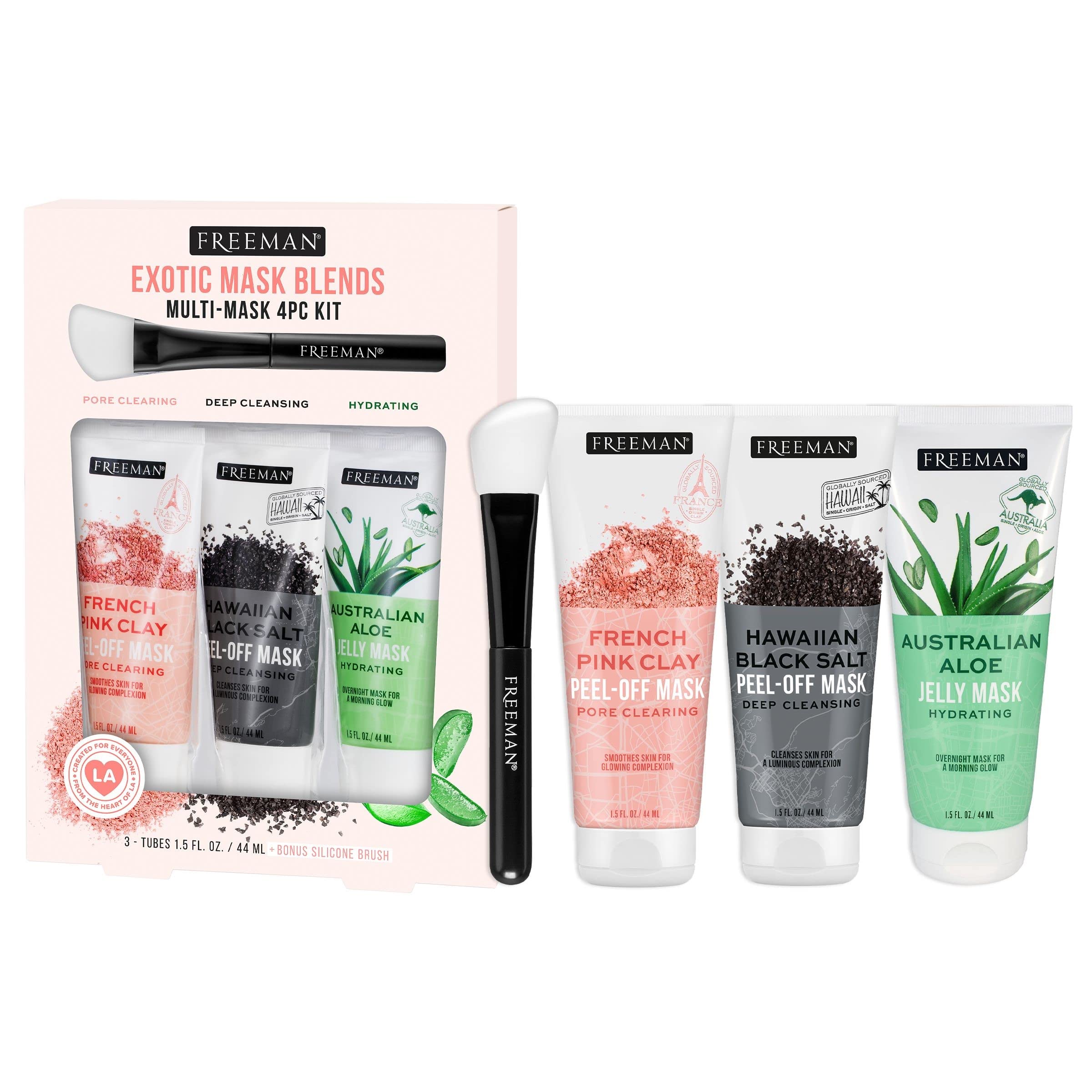 Freeman Exotic Blends Facial Mask 4 Piece Set, Peel-Off & Jelly Masks, Cleansing, Pore-Clearing & Hydrating Facial Masks, For All Skin Types,