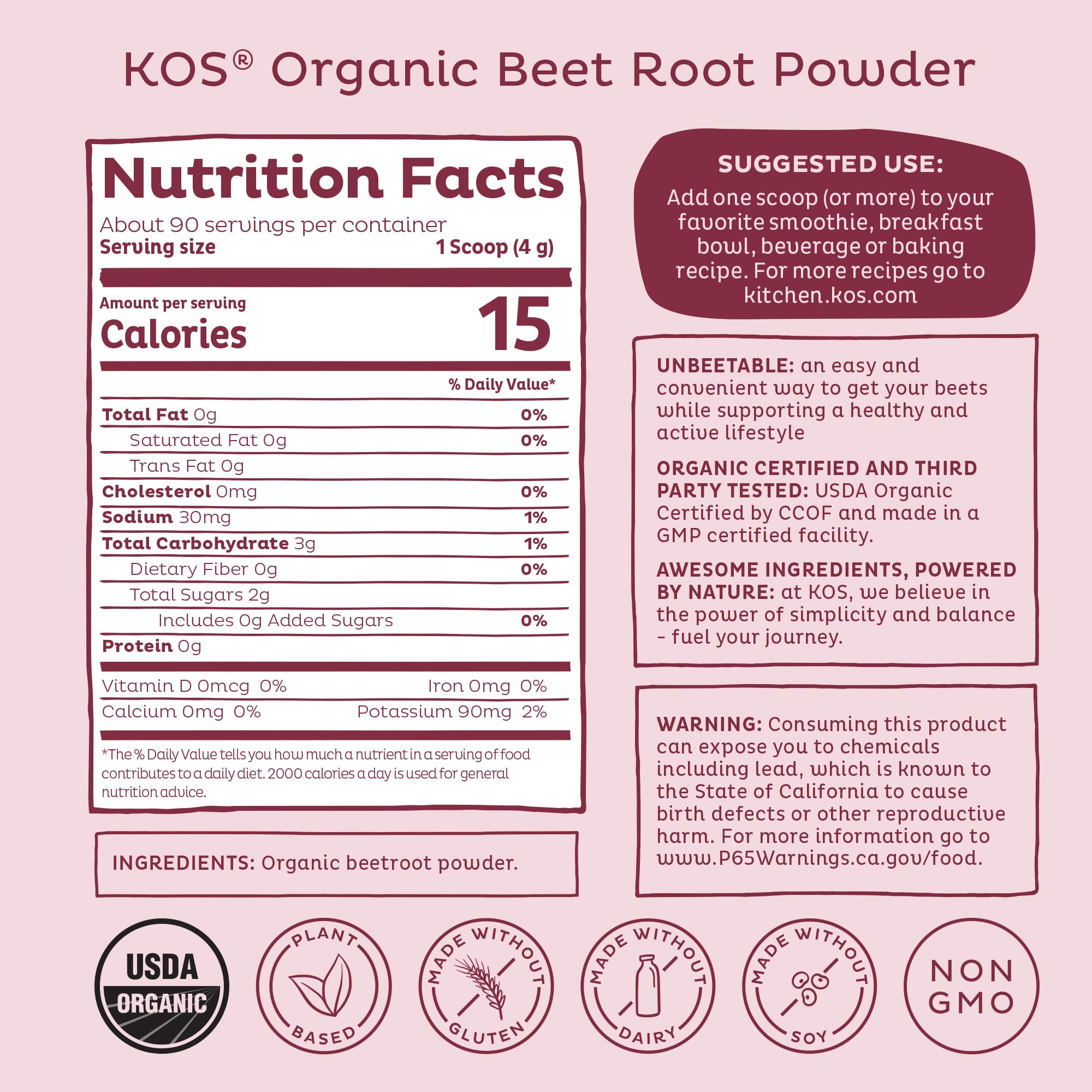 KOS Organic Beet Root Powder, USDA Organic - Natural Nitric Oxide Booster, Superfood Plant Based Beetroot Antioxidant, Supports Active Lifestyle & Healthy Circulation, Soy & Gluten-Free - 90 Servings KOS buy supplements Au