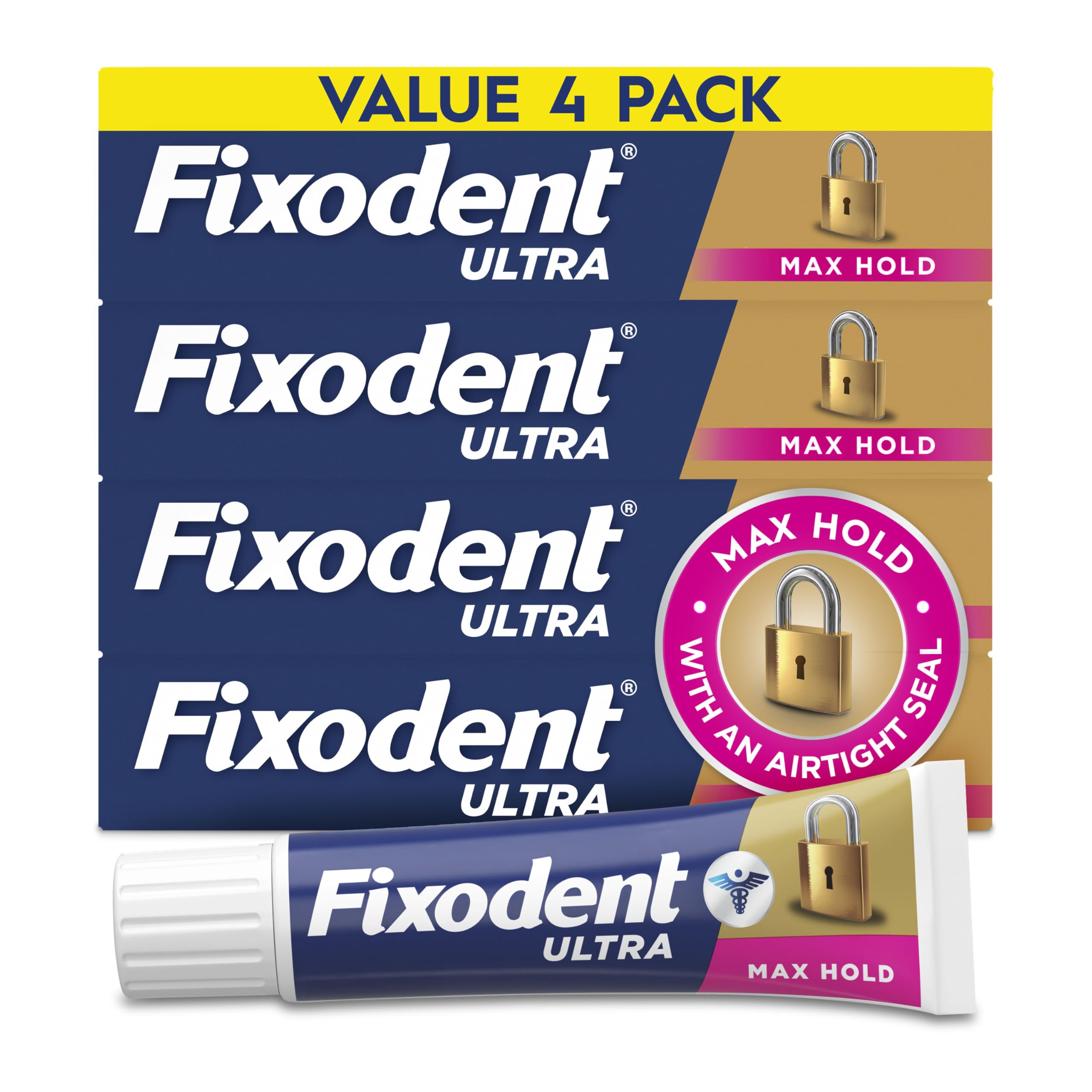 Fixodent Ultra Max Hold Denture Adhesive Cream, 2.2 oz (4-Pack) – Strong False Teeth Glue and Secure Dental Adhesive for Full