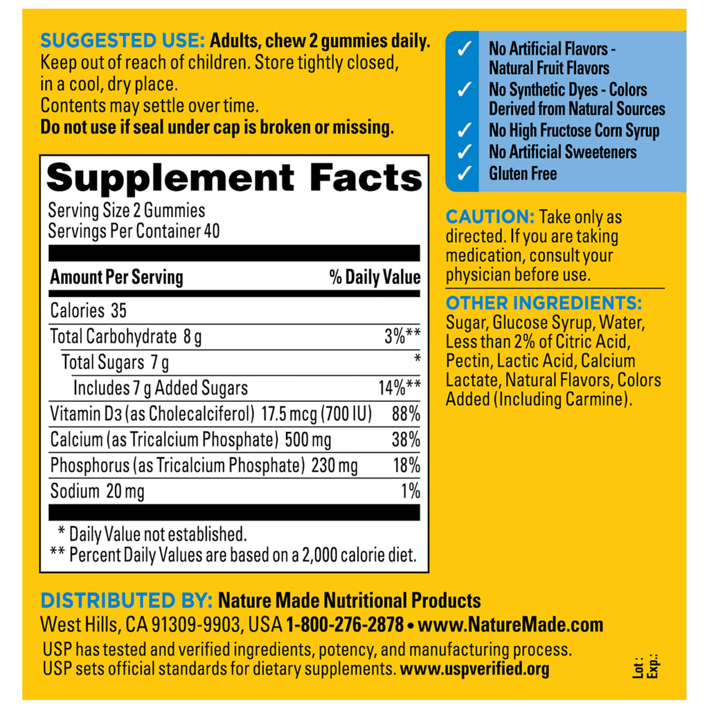 Nature Made Calcium Gummies 500 mg Per Serving with Vitamin D3, Dietary Calcium Supplement for Bone Support, 80 Gummies, 40 Day Supply