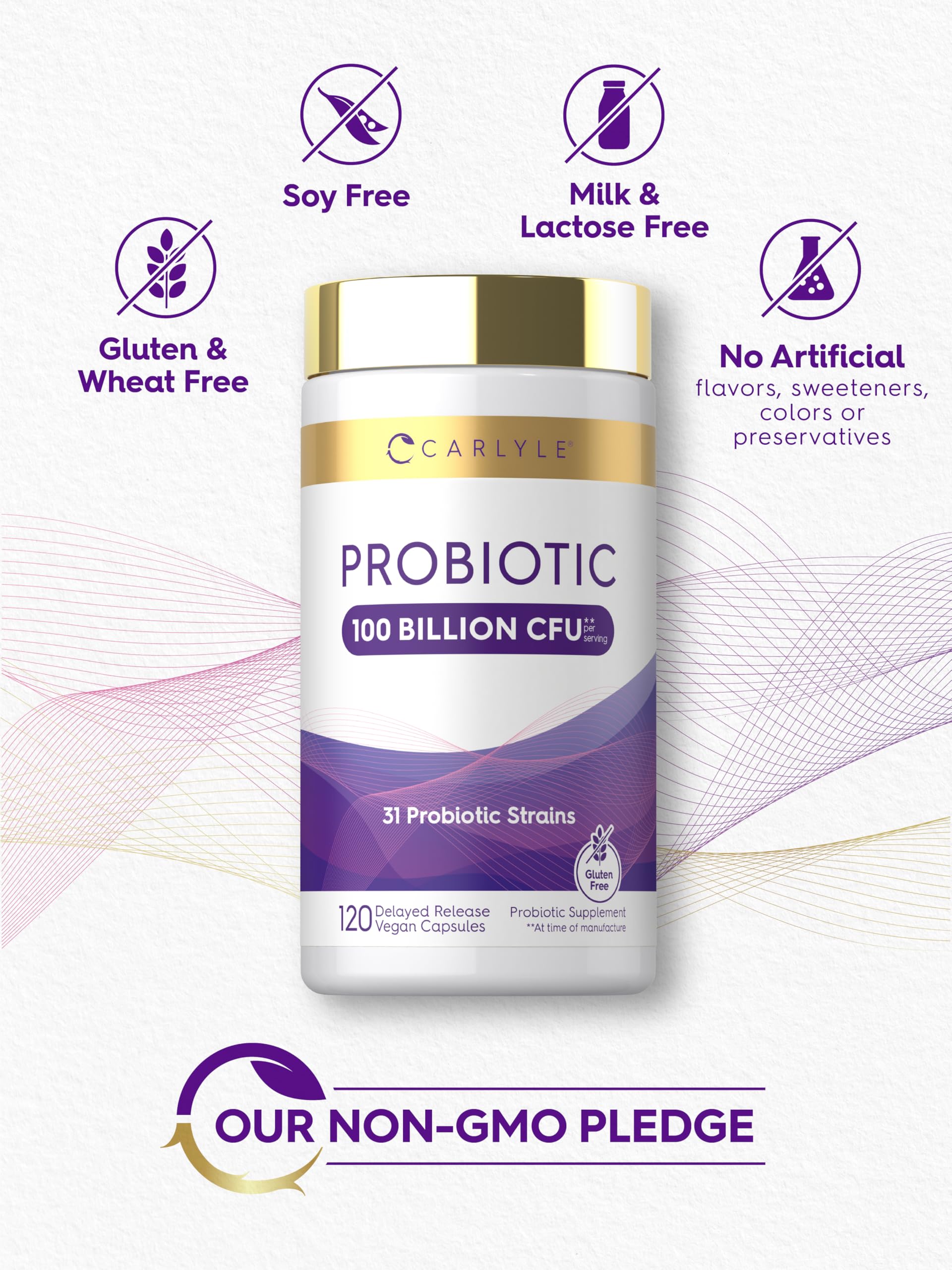 Carlyle Probiotic 100 Billion CFU | 120 Capsules | Delayed Release | 31 Probiotic Strains | with Prebiotic Fiber | Vegan, Non GMO, Gluten Free
