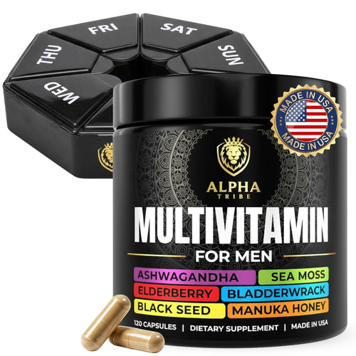 Alpha Tribe Multivitamin for Men & Organizer w/Seamoss Black Seed Oil Ashwagandha Burdock Root Turmeric Bladderwrack Vitamin C | Daily Men's Vitamins & Minerals Supplement | 60 Count Alpha TribeBuy Supplements Australia