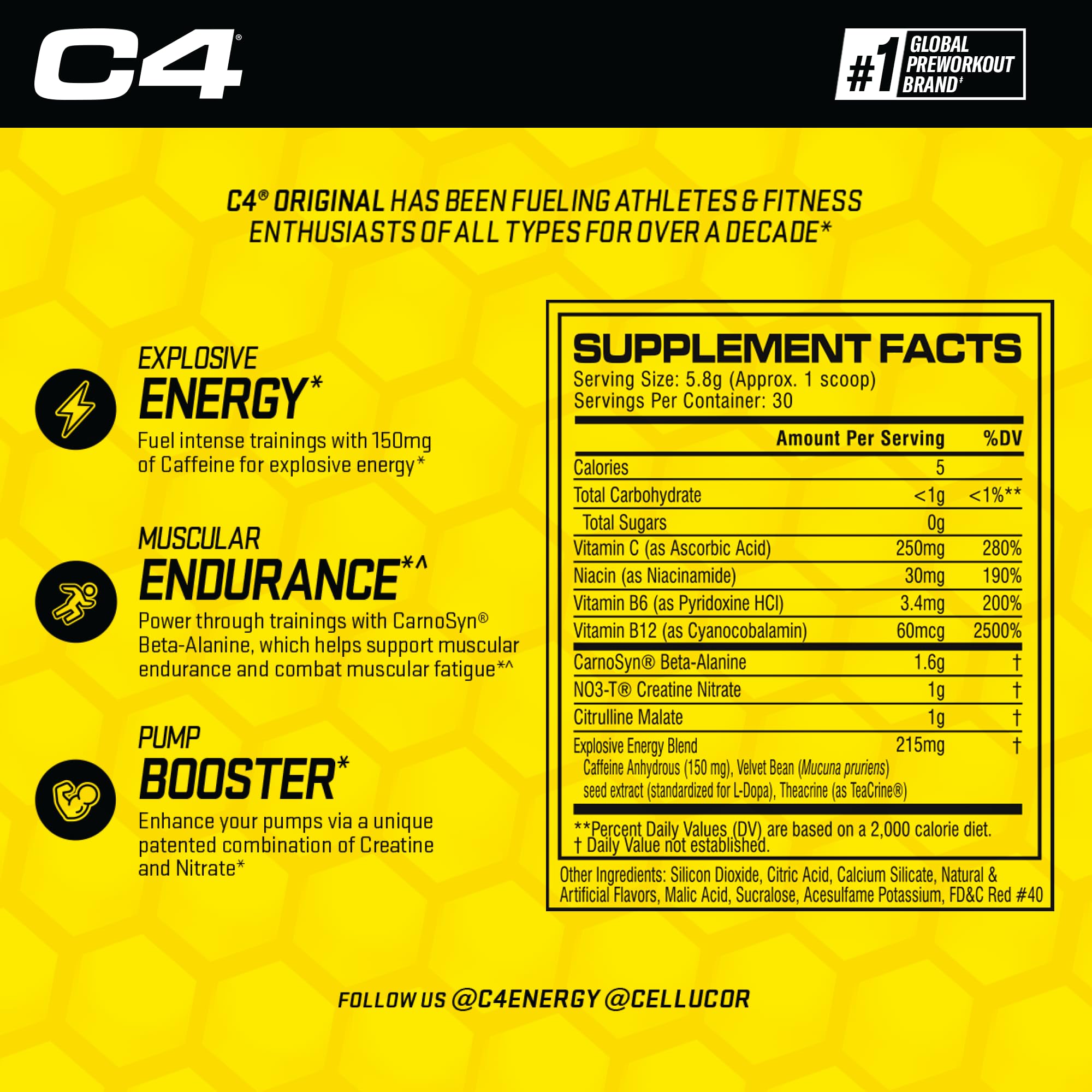Cellucor C4 Original Pre Workout Powder Cherry Limeade | Vitamin C for Immune Support | Sugar Free Preworkout Energy for Men & Women | 150mg Caffeine