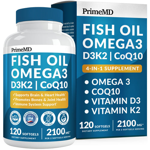 4-in-1 Fish Oil Omega 3 Fatty Supplements (2100mg) - Omega 3 Fish Oil with Vitamins D3 K2 and CoQ10 - Lemon Flavored (120 softgels) PrimeMD buy supplements Au
