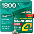 Supplement packaging with magnesium and 5-HTP, featuring a green color scheme and text highlighting benefits.
