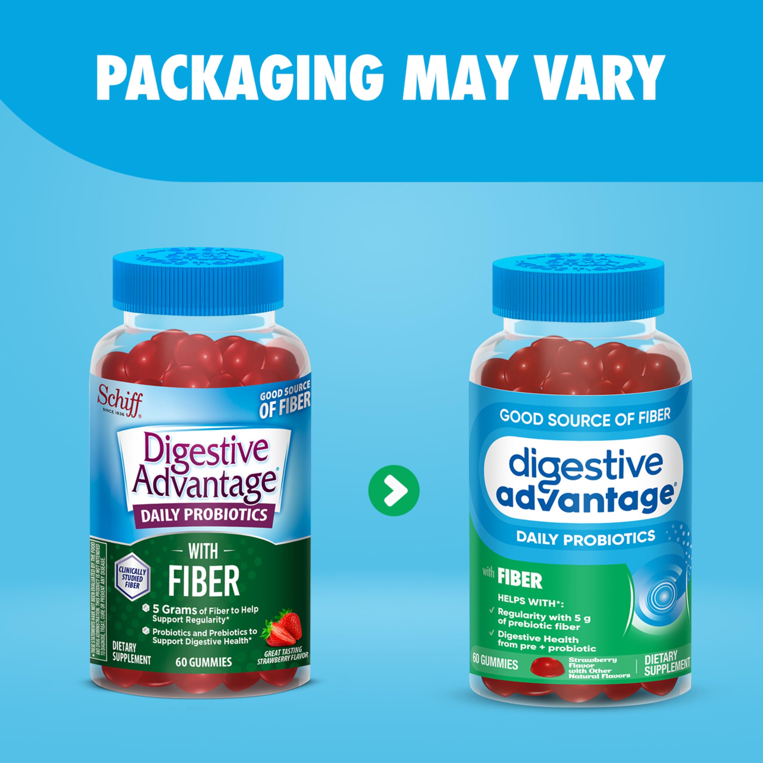 Digestive Advantage Prebiotic Fiber Gummies + Probiotics for Digestive Health, Daily Gummies for Women & Men, Digestive Supplement for Regularity & Gut Health, 60ct Strawberry Flavor