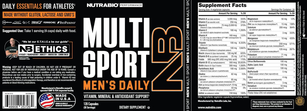 NutraBio Multisport for Men - Mens MultiVitamin - 33 Vitamins, Minerals, Micronutrients - Rich in Antioxidants NutraBio