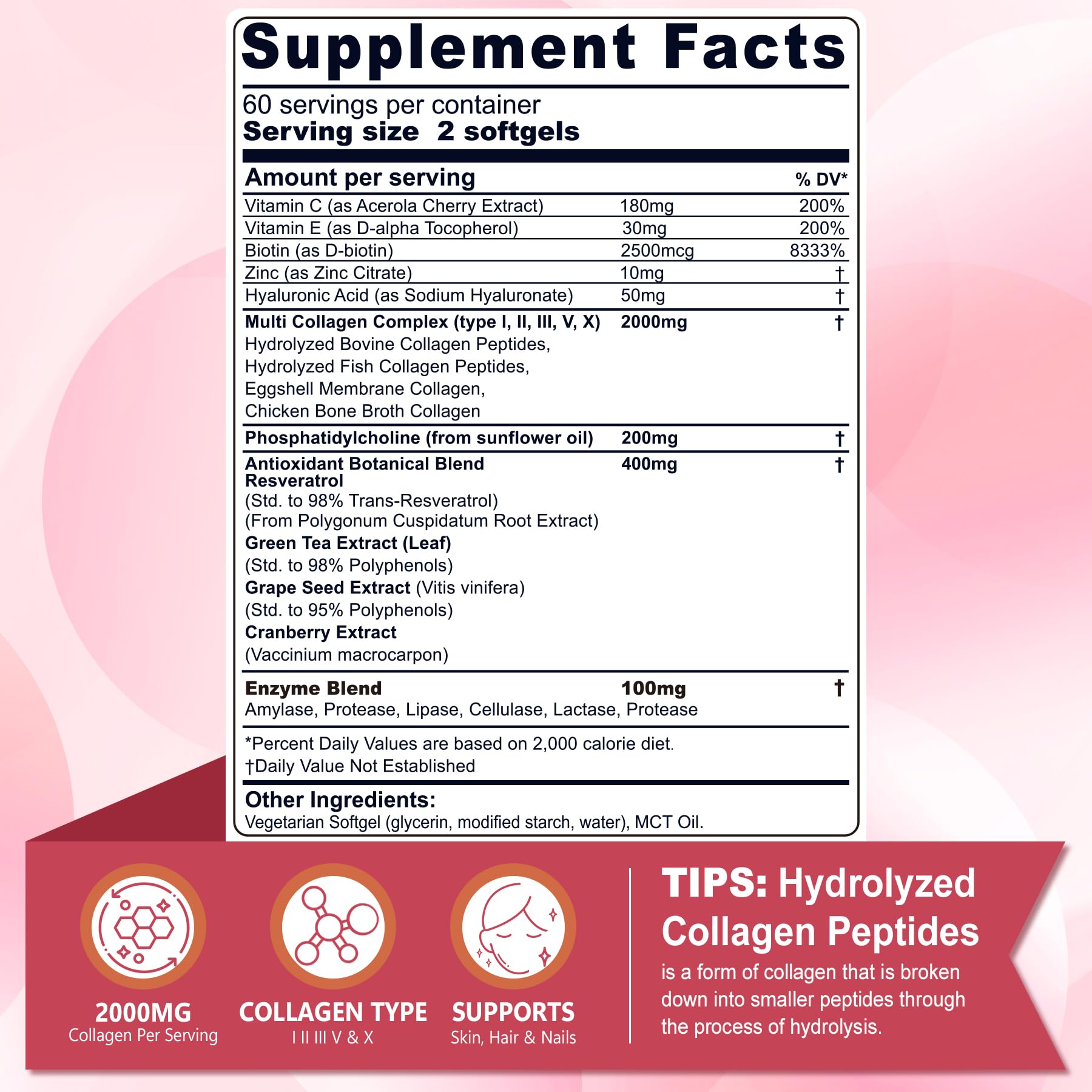 Hydrolyzed Collagen Peptides Pills for Women 2000mg Liposomal Form Type I, II, III, V, X for Optimal Absorption, Multi Collagen Softgels, Collagen Supplements