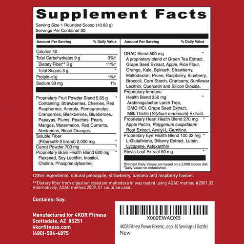 4KOR Fitness Power Reds & Greens: an Energizing Greens Drink Made up of Antioxidant-Rich Superfoods, Gluten-Free and Vegetarian, 30 Servings (1 Bottle) 4KOR FitnessBuy Supplements Australia