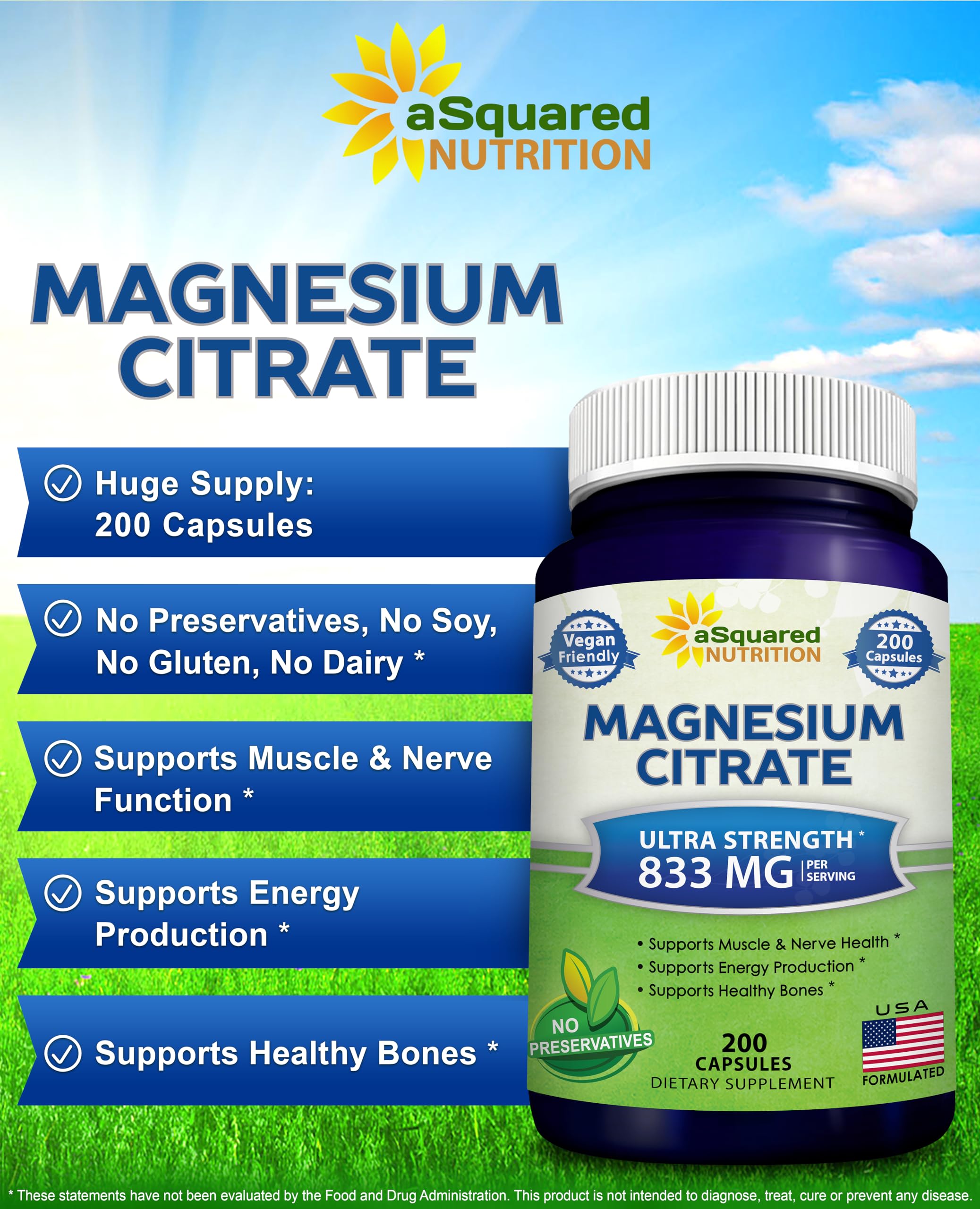 aSquared Nutrition Magnesium Citrate 833mg Supplement - 200 Capsules - Max Strength Vegan Mag Citrate Powder Pills to Support Pure Function of Muscles,