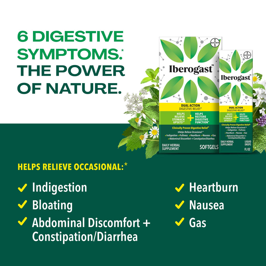 Iberogast Softgels, Herbal Relief of Stomach Upsets: Occasional Indigestion, Bloating, Gas, Nausea, Upset Stomach; 6-Herb Blend with Iberis Amara, Peppermint, Licorice, Lemon Balm; 30ct Iberogast buy supplements Au