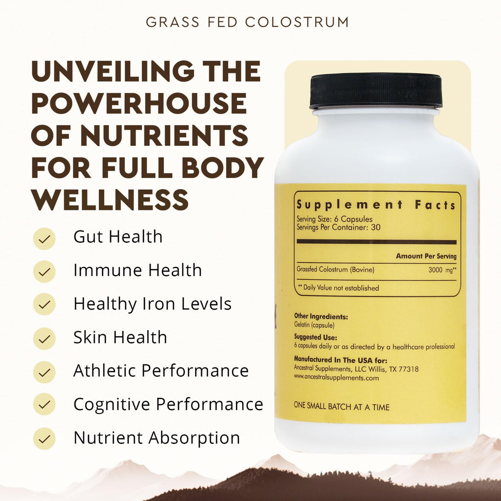 Ancestral Supplements Grass Fed Beef Colostrum Supplement, 3000 mg, Offers Immune Support and Promotes Gut Health, Athletic Performance, Healthy Iron Levels