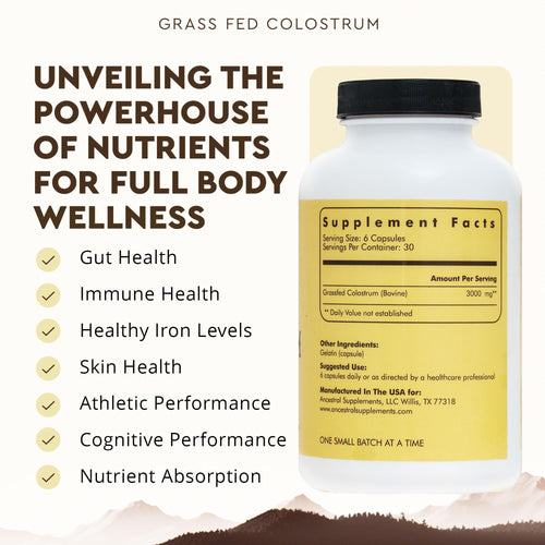 Ancestral Supplements Grass Fed Beef Colostrum Supplement, 3000 mg, Offers Immune Support and Promotes Gut Health, Athletic Performance, Healthy Iron Levels