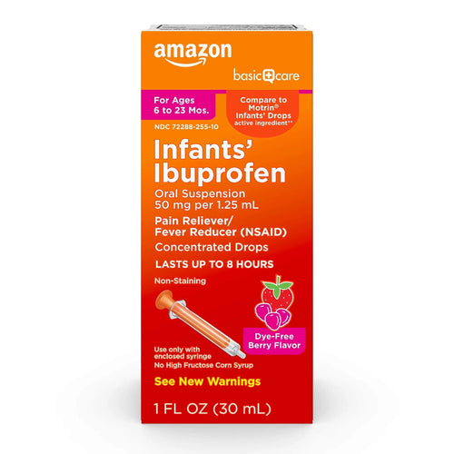 Amazon Basic Care Infants' Ibuprofen Oral Suspension, Pain Reliever and Fever Reducer, 50 mg/1.25 mL, Berry Flavor Concentrated Drops, Dye-Free, 1 fl oz (Pack of 1) Amazon Basic CareBuy Supplements Australia