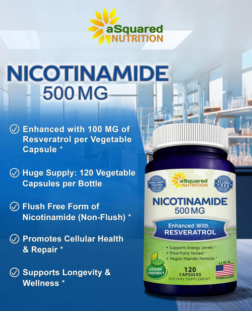aSquared Nutrition Nicotinamide with Resveratrol - 120 Veggie Capsules - Vitamin B3 500mg (Niacinamide Flush Free)