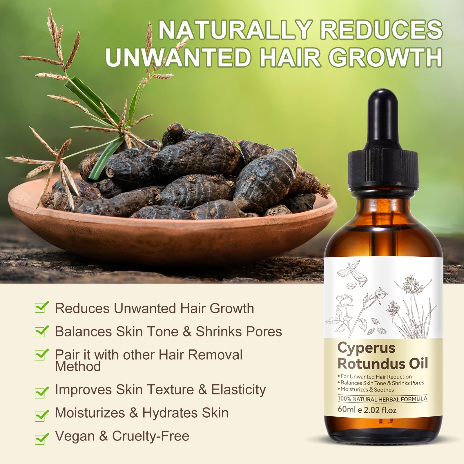 Cyperus Rotundus Oil, Natural Cyperus Rotundus Oil for Hair Removal, Reduces Unwanted Hair Growth, Moisturizes & Soothes The Skin
