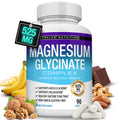 Bottle of Toplux Nutrition Magnesium Glycinate Complex with ingredients like bananas, nuts, and chocolate on a white background.