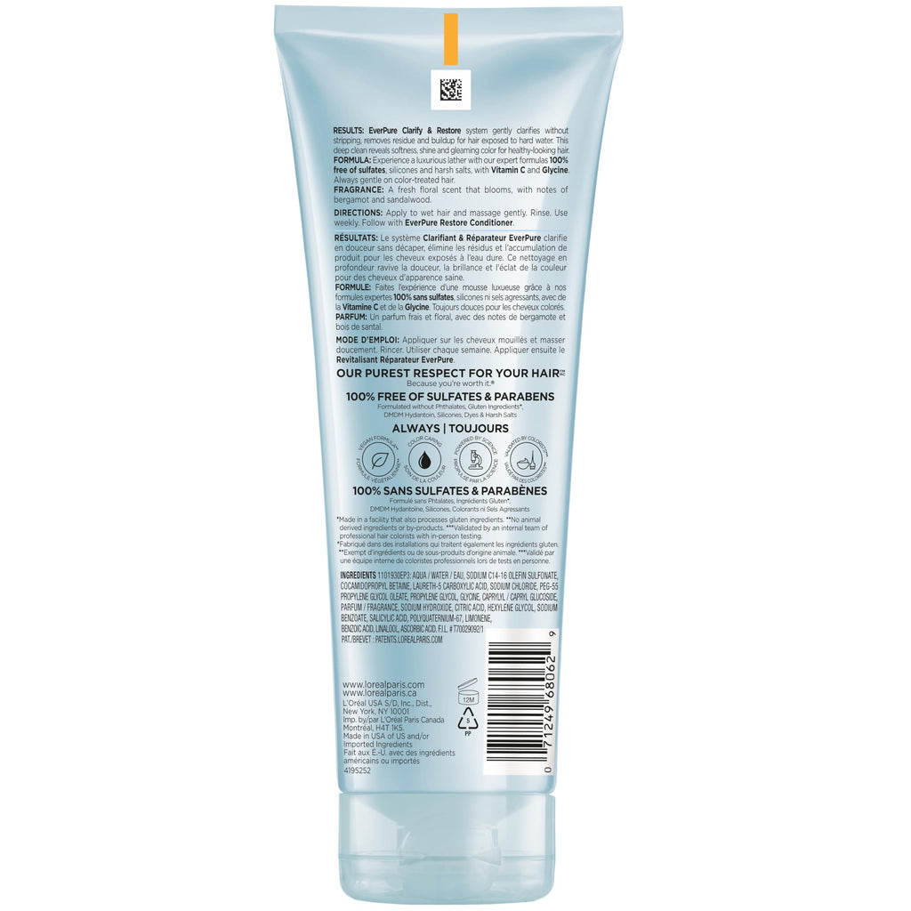 L'Oreal Paris Clarify Sulfate Free Shampoo with Antioxidants, Clarifying Shampoo for Hard Water Exposure and Styling Build-up, EverPure, 6.8 Fl Oz