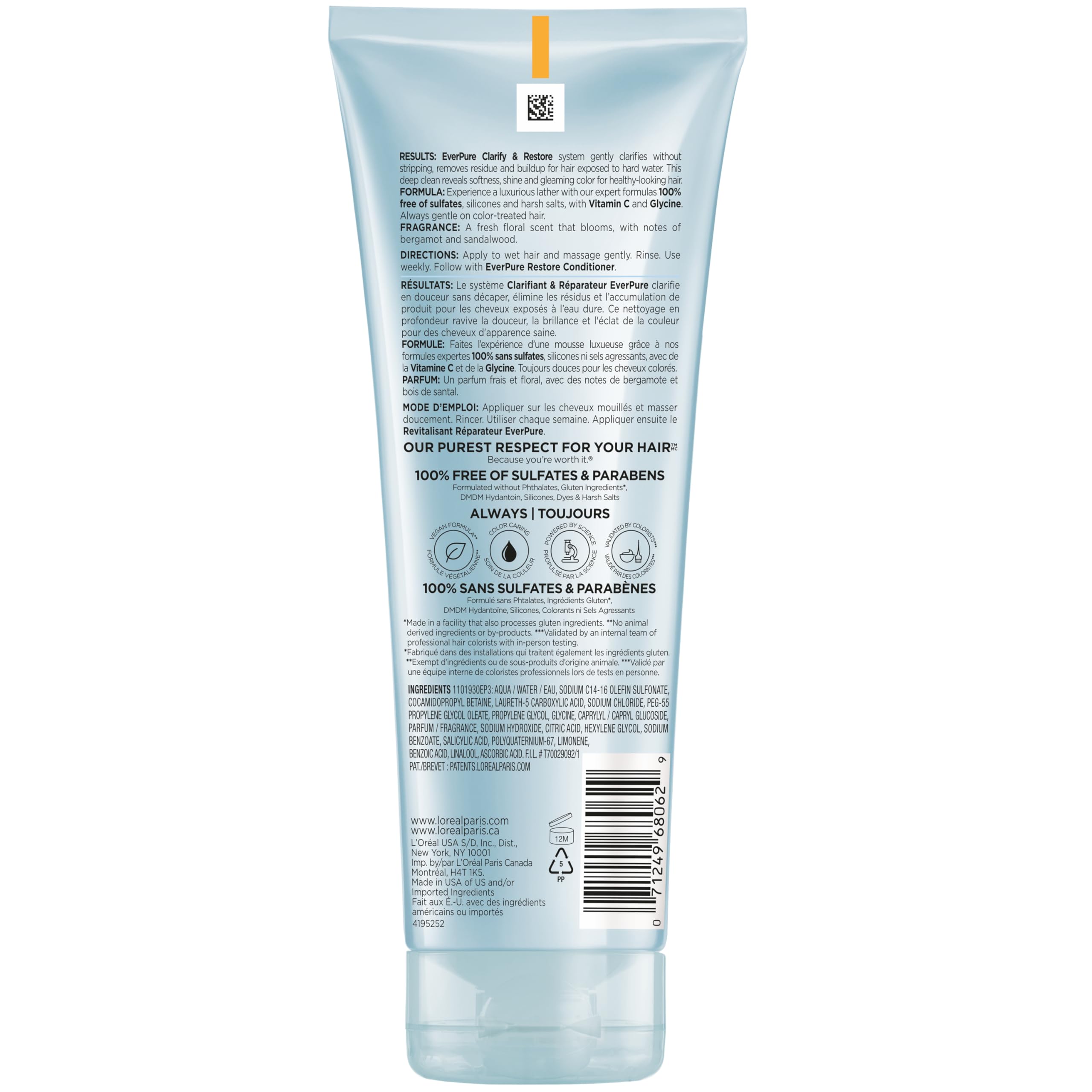 L'Oreal Paris Clarify Sulfate Free Shampoo with Antioxidants, Clarifying Shampoo for Hard Water Exposure and Styling Build-up, EverPure, 6.8 Fl Oz