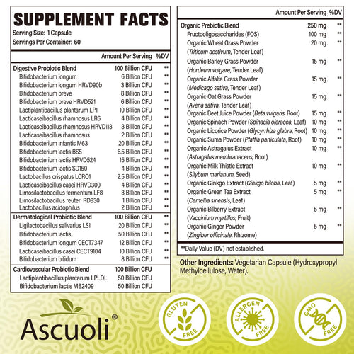 Ascuoli Probiotics for Women & Men - 300 Billion CFU, 24 Strains Probiotics + 15 Organic Herbs Blend, Daily Probiotic for Digestive Health,
