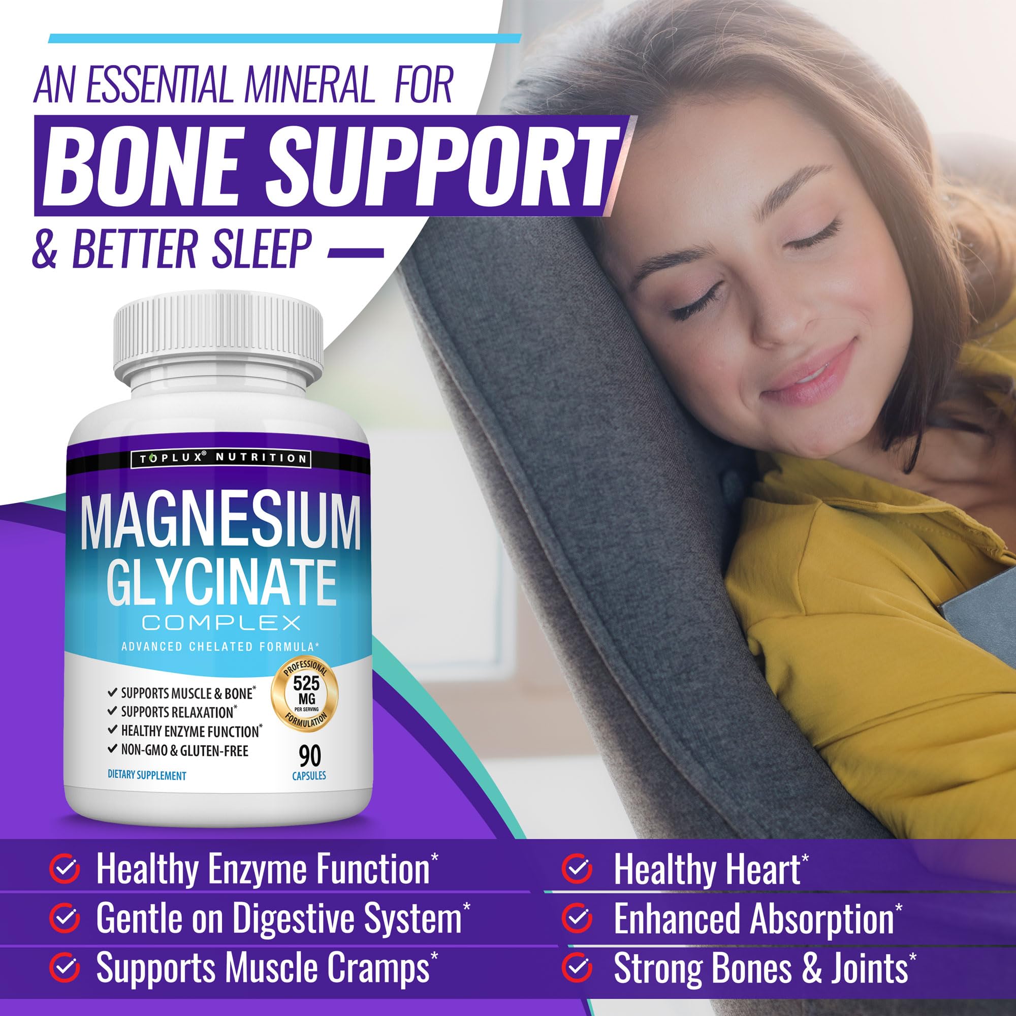 Magnesium Glycinate 525mg - High Absorption Chelated Magnesium Supplement Made with Pure Magnesium Glycinate - Supports Muscles, Sleep, Cramps, Recovery Bisglycinate Complex Vegan Non-GMO 90 Capsules Toplux buy supplements Au