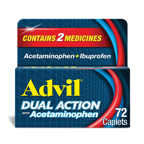 Advil Dual Action Coated Caplets with Acetaminophen, 250 Mg Ibuprofen and 500 Mg Acetaminophen Per Dose (2 Dose Equivalent) for 8 Hour Pain Relief - 72 Count AdvilBuy Supplements Australia