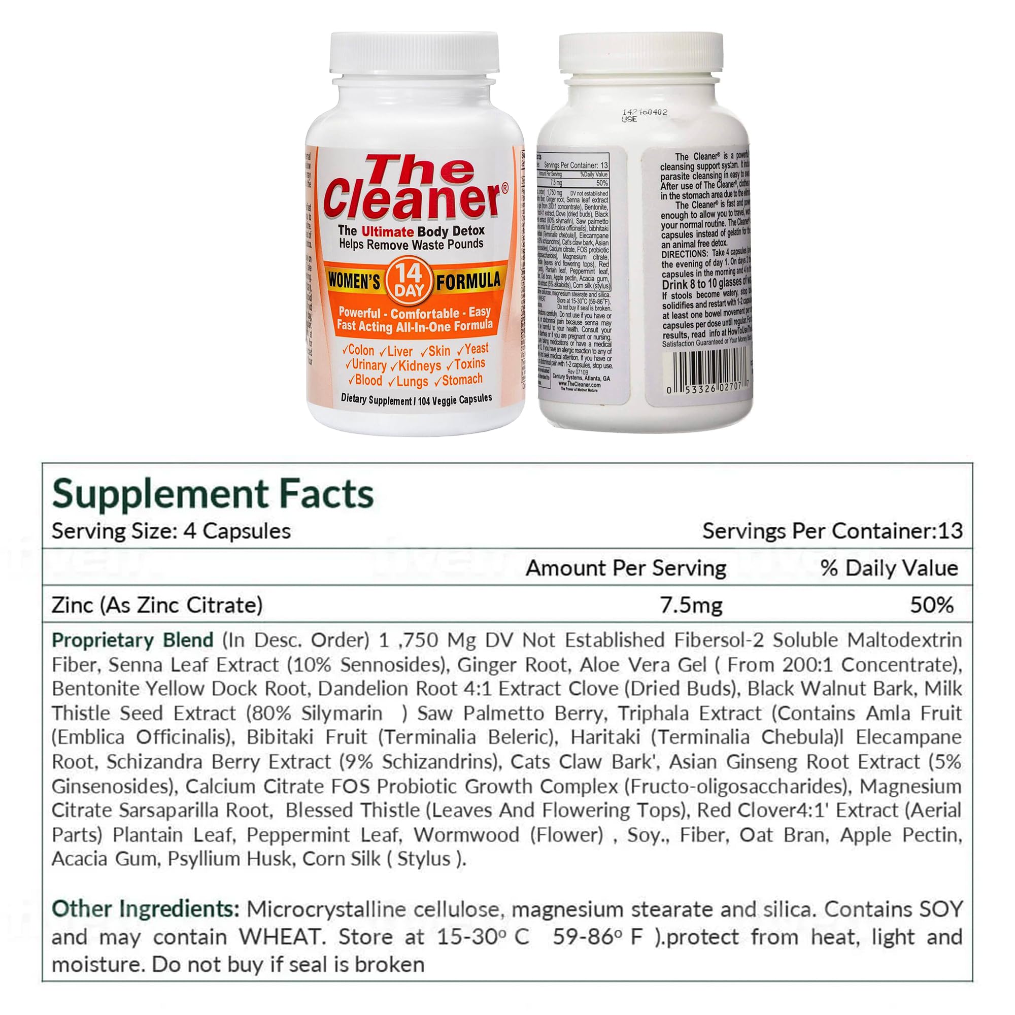Century Systems The Cleaner Detox, Powerful 14-Day Complete Internal Cleansing Formula for Women, Support Digestive Health, 104 Vegetarian Capsules