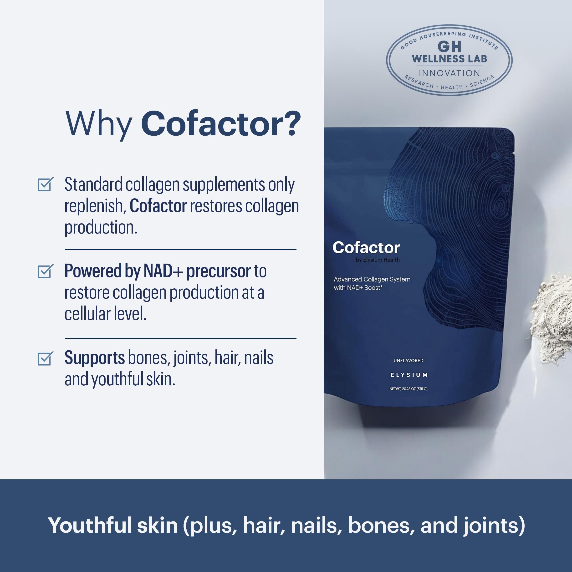 ELYSIUM Cofactor – 4-in-1 Collagen Peptides Powder w/NAD+, Hyaluronic Acid & Vitamin C for Skin, Hair, Nails, Joints & Cellular Health, Collagen Supplements