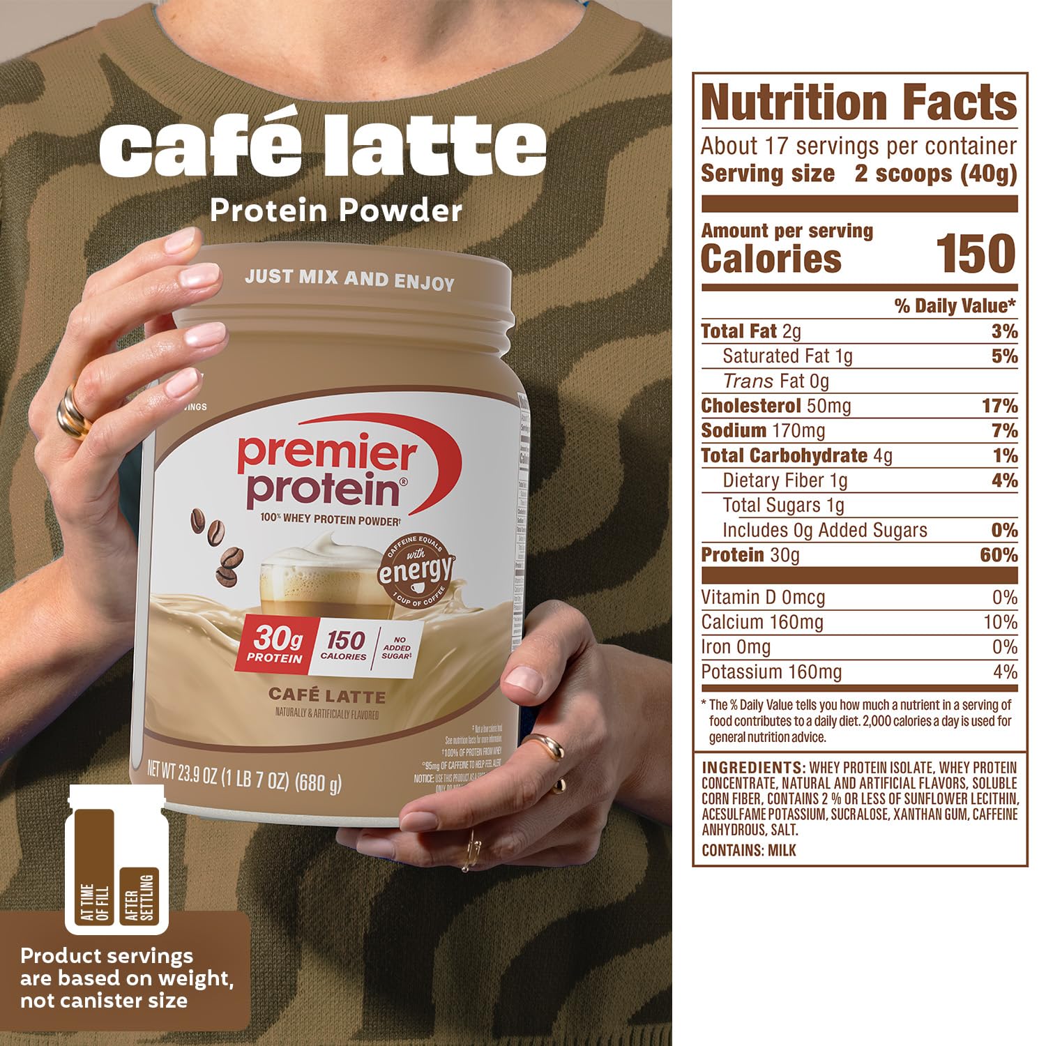 Premier Protein Powder, Café Latte, 30g Protein, 95mg Caffeine for Energy, No Added Sugar, 100% Whey Protein, Keto Friendly