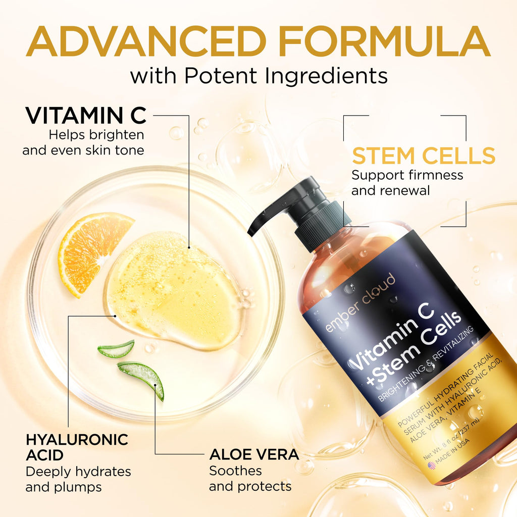Vitamin C Serum for Face with Stem Cells Hyaluronic Acid Aloe Vera Vitamin E Anti-Aging Face Serum Supports Skin Health & Even Tone