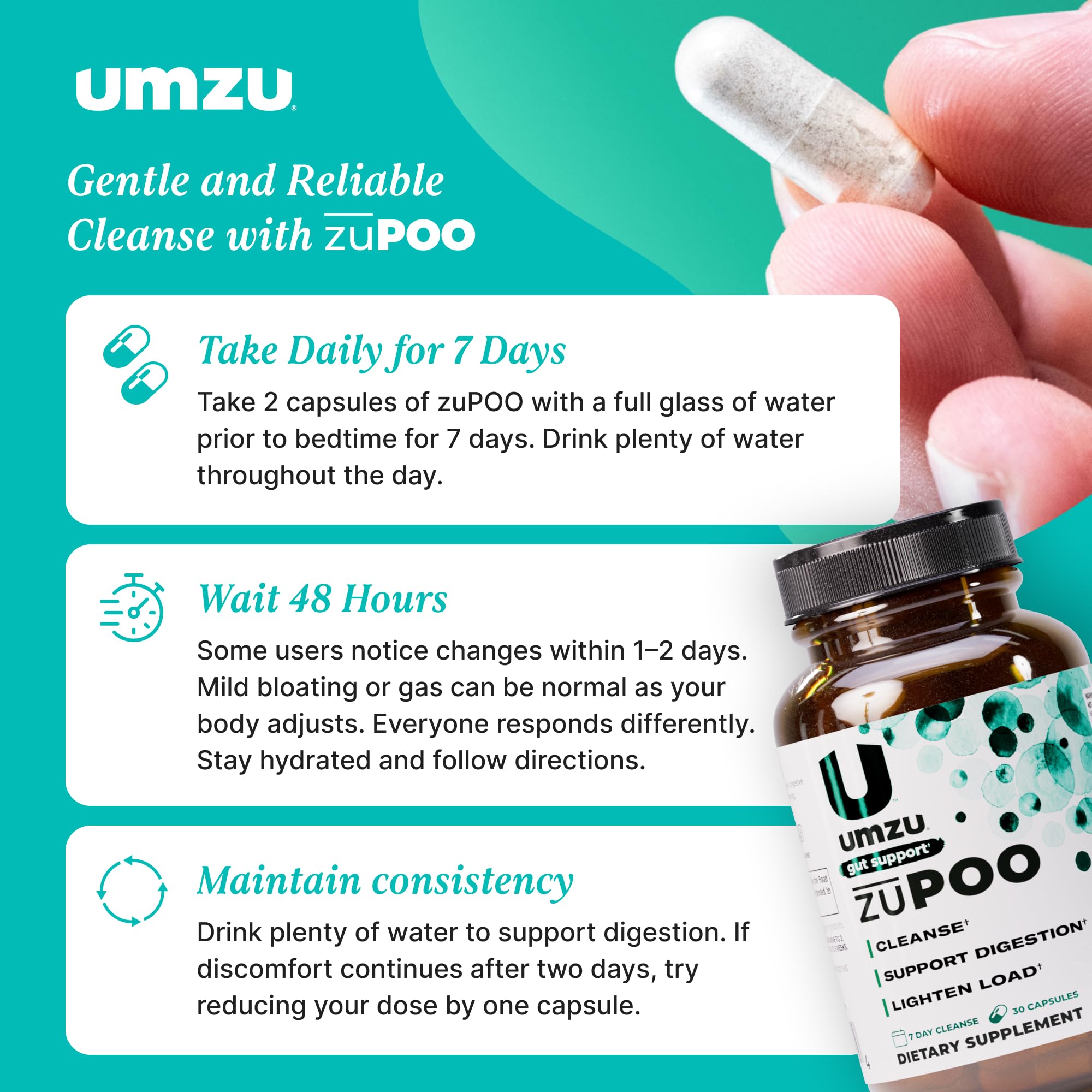 UMZU zuPOO Gut Cleanse Detox, 30 Capsules – 7-Day Natural Colon Cleanse with Cascara Sagrada & Magnesium Citrate – Vegan, Non-GMO