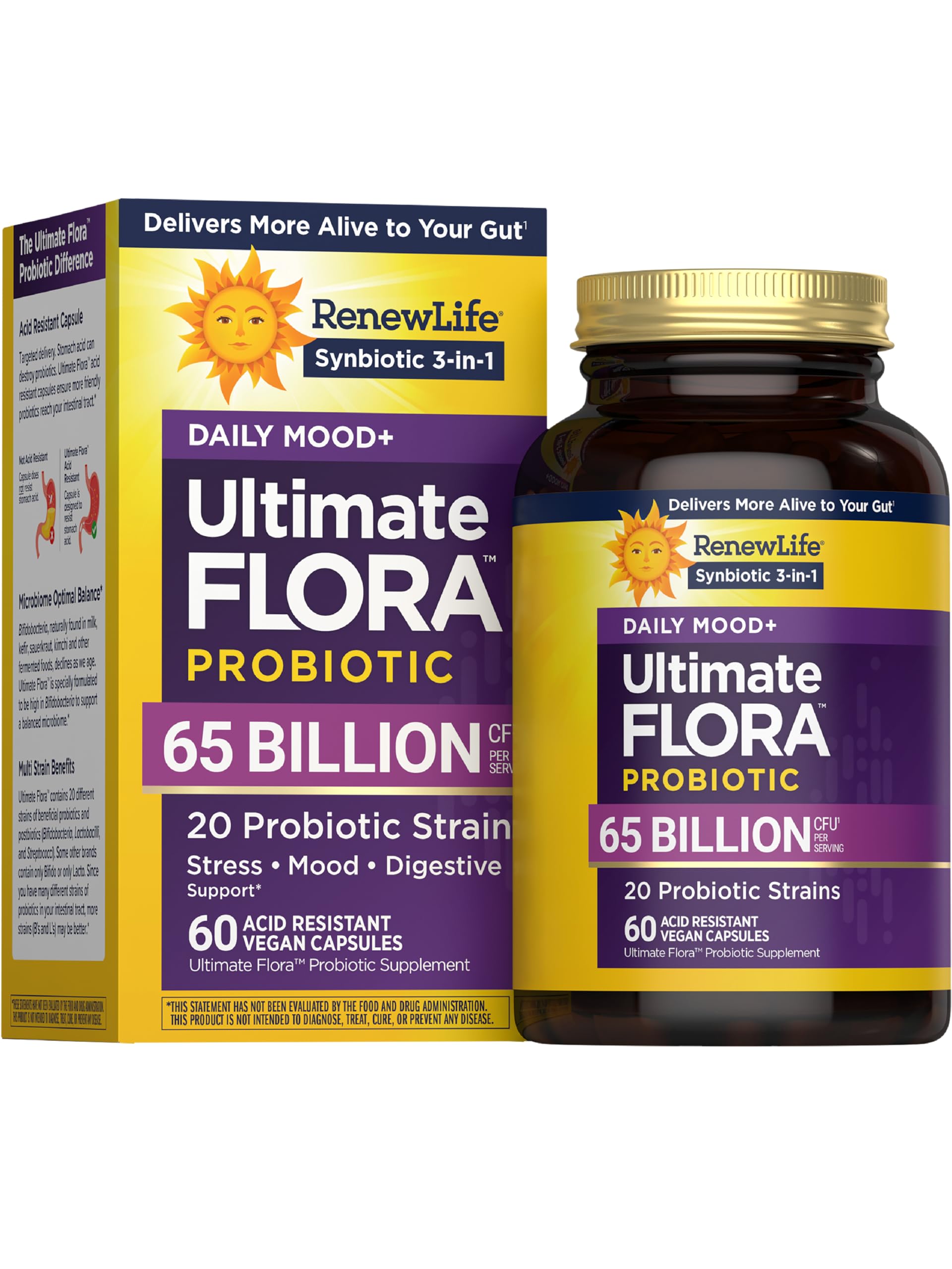 Renew Life Ultimate Flora Probiotics Daily Mood Support 65 Billion CFU Delayed Release Vegan Capsules with Ashwagandha | Digestive Health