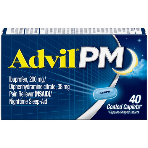 Advil PM Pain Reliever and Nighttime Sleep Aid, Pain Medicine with Ibuprofen for Pain Relief and Diphenhydramine Citrate for a Sleep Aid - 40 Coated Caplets AdvilBuy Supplements Australia