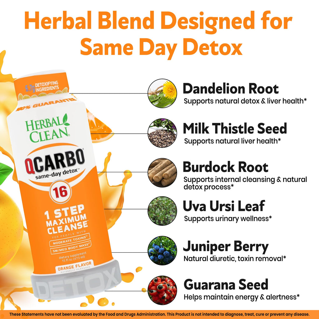 Herbal Clean Qcarbo16 Same-Day Detox Cleanse Drink (16 fl oz) - Orange Flavor Full Body Cleanse* Detox Drink for Moderate Toxin Level