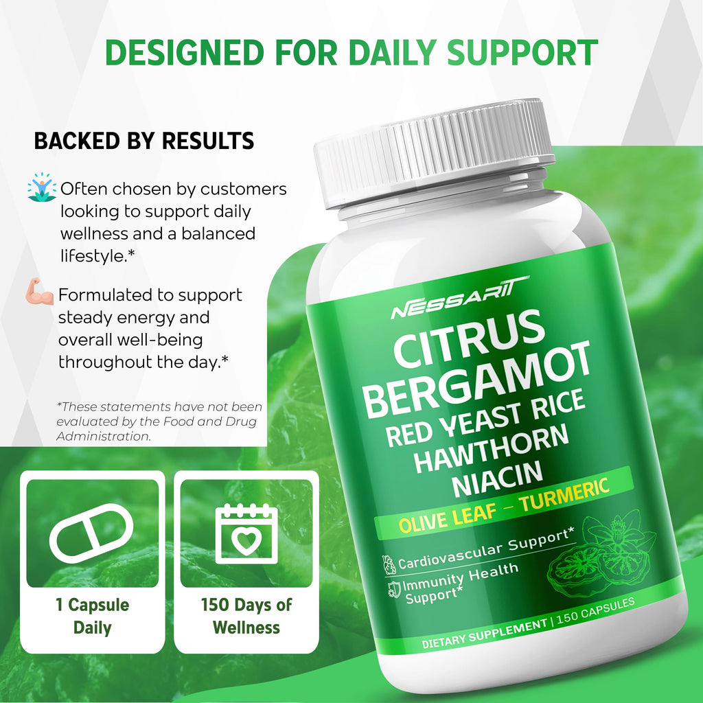 Citrus Bergamot Supplement - 15-in-1 Natural Blend with Red Yeast Rice Hawthorn Olive Leaf Odorless Garlic Turmeric Ginger Fenugreek - 150 Count