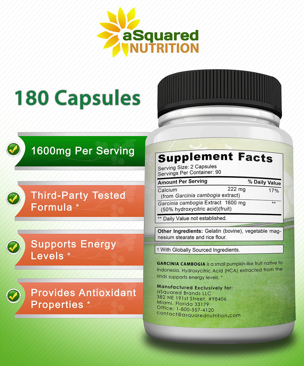 aSquared Nutrition Garcinia Cambogia 1600mg-180 Capsules-Natural Pure Extract Pills for Brain Health- Standardized Ultra HCA & Garcinia Cambogia Supplement