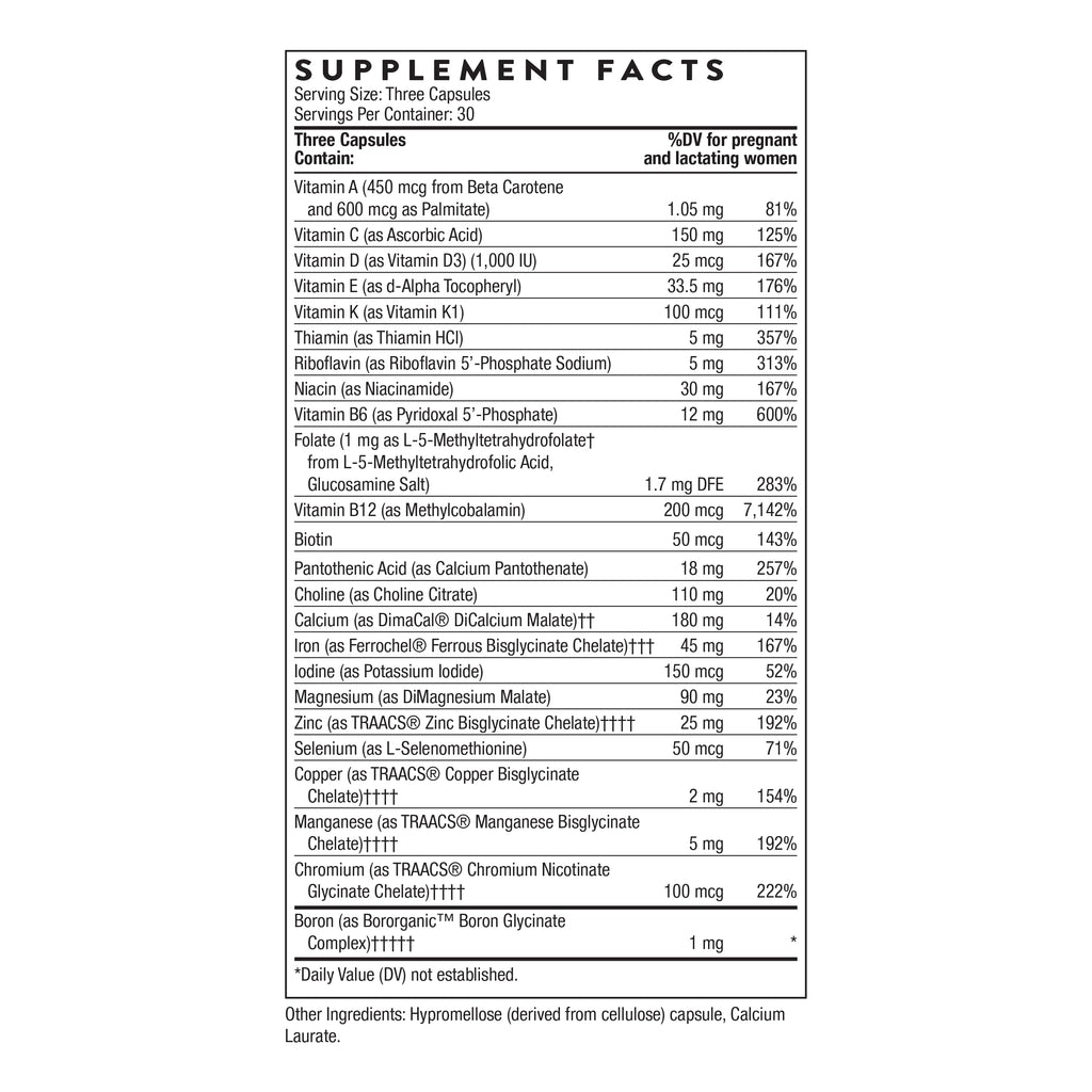 THORNE - Basic Prenatal - Well-Researched Folate Multi for Pregnant & Nursing Women - Includes 18 Vitamins & Minerals, Plus Choline - Third-Party Certified