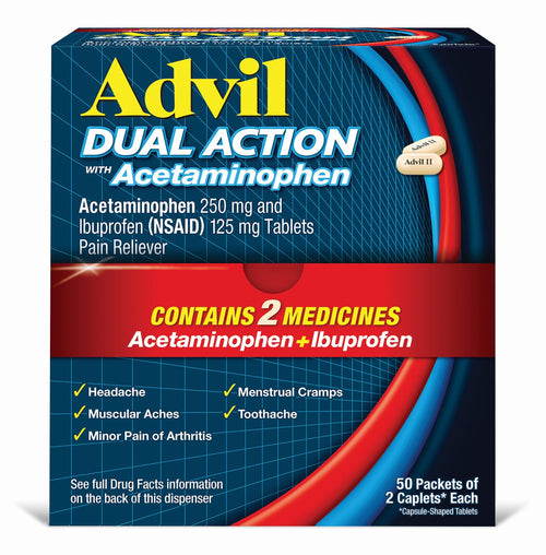 Advil Dual Action Coated Caplets with Acetaminophen, 250 Mg Ibuprofen and 500 Mg Acetaminophen Per Dose (2 Dose Equivalent) for 8 Hour Pain Relief - 2 Count x 50 Advil buy supplements Au