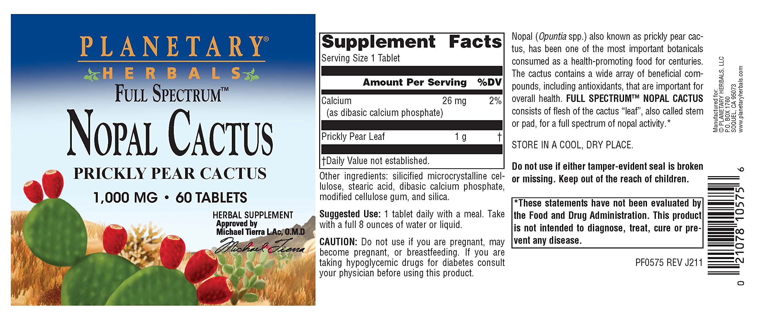 Planetary Herbals Full Spectrum Nopal Cactus 1000mg Prickly Pear Cactus Antioxidant - 100% Natural - 60 Tablets