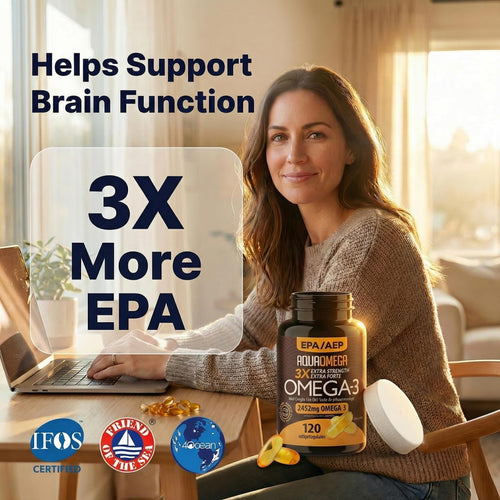 AQUAOMEGA 3X Extra Strength Omega-3 Fish Oil for Heart, Brain & Immune Support, 1636mg EPA, 544mg DHA + Vitamin D3, Full Natural Triglyceride Form,