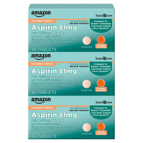 Amazon Basic Care Aspirin 81 mg Pain Reliever (NSAID) Chewable Tablets, Low Dose , Orange Flavor, 36 Count (Pack of 3) Amazon Basic CareBuy Supplements Australia