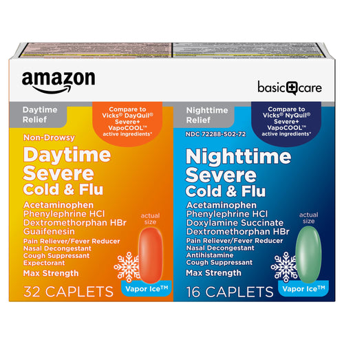 Amazon Basic Care Vapor Ice Day and Night Severe Cold and Flu Relief Caplets, Maximum Strength Multi-Symptom Medicine for Cough, Sore Throat, Nasal Congestion, 48 Count Amazon Basic Care buy supplements Au