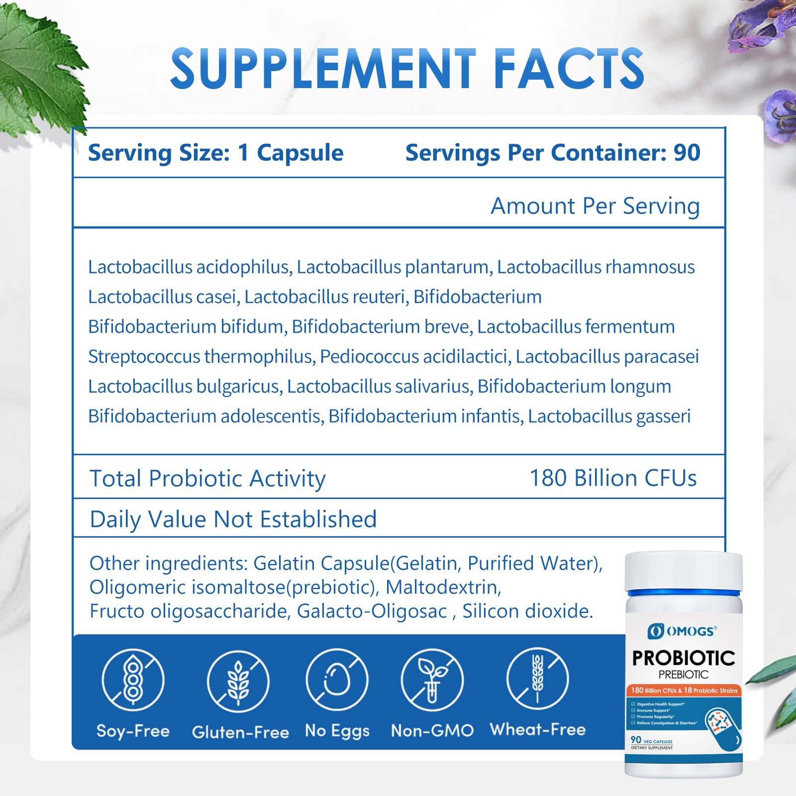 OMOGS Probiotics 180 Billion CFUs 18 Strains, 3 Prebiotics, Helps Digestive, Gut Health, Immune, Supports Occasional Constipation, Diarrhea & Gas
