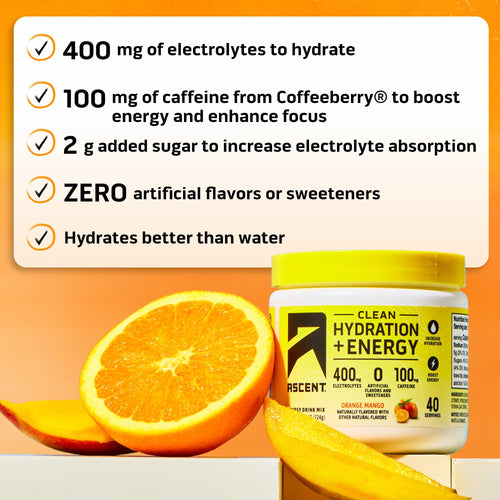 Ascent Clean Hydration + Energy Electrolytes Powder - 100mg Caffeine, 400mg Electrolytes, No Artificial Ingredients, Orange Mango 40 Servings